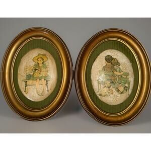 Vintage 1950’s Boy And Girl Pair Oval Wood Framed Prints Pictures Wall Art 8x6”